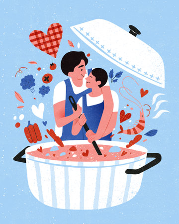 Illustration of couple daily life interaction. Sweet couple smile at each other while cooking a pot of delicious food together.のイラスト素材