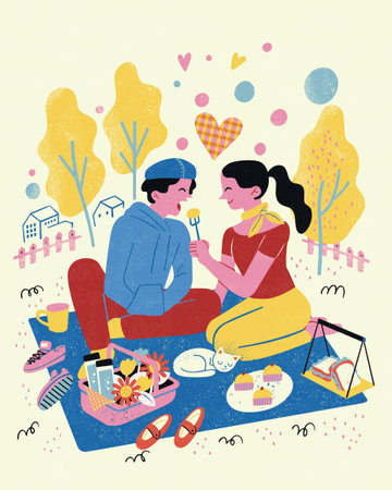 Illustration of couple daily life interaction. Girlfriend feeding food to boyfriend while sitting on picnic carpet in the park.のイラスト素材