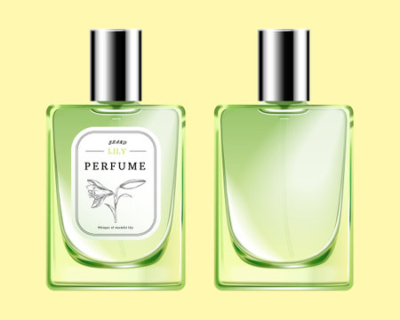 3D Illustration of green perfume glass bottle with silver cap mock up set isolated on pale yellow background. One with label and one without.のイラスト素材