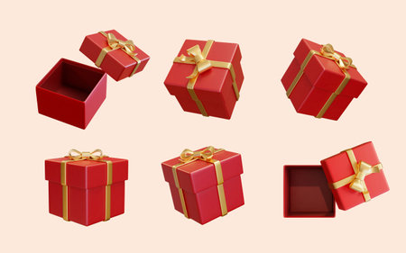 3D Illustration of red giftboxes wrapped with gold ribbon open and close mockups in different angle isolated on light pink background. Suitable for birthday party and festive celebration.のイラスト素材