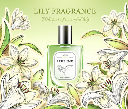 3D illustration of lily theme green perfume glass bottle with silver cap surrounded by engraved style lily flower.のイラスト素材