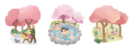 Illustration of cherry blossom season outdoor activities. Including fathers taking picture of daughter and puppy on a walk, family enjoy outdoor hot spring, picnic day in cherry blossom forest.のイラスト素材