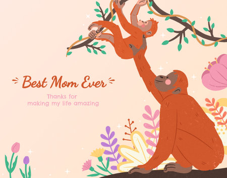 Illustration of cute animals interaction, including mother ape helping baby ape learning to climb on tree. Suitable for Happy Mothers Day and motherhood theme design.のイラスト素材