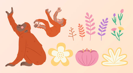 Illustration of cute animals interaction elements set. Including mother ape, baby ape and floral decor isolated on light pink background.のイラスト素材