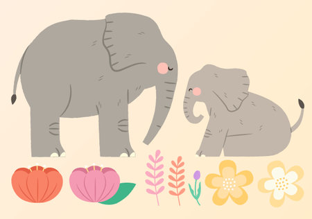 Illustration of cute animals interaction element set. Including elephant mother, baby calf and floral decoration isolated on beige background.のイラスト素材