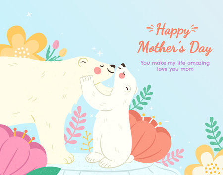 Illustration of cute animals interaction. Including cute little polar bear cub and mommy nuzzling. Suitable for Happy Mothers Day and maternal love concept.のイラスト素材