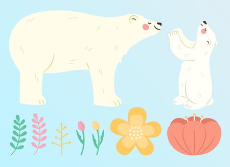 Illustration of cute animals interaction elements set. Including polar bear mother with its cub and floral decoration isolated on light blue background.のイラスト素材