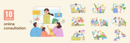 Online consultation and support flat illustration collection. Including family, one-on-one, relationship, children, teenager, health and wellness consultation isolated on light yellow backgroundのイラスト素材