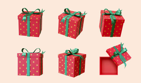 3D present element set isolated on light beige background. Red polka dots gift boxes wrapped with green ribbon, open and closed in different angles.のイラスト素材