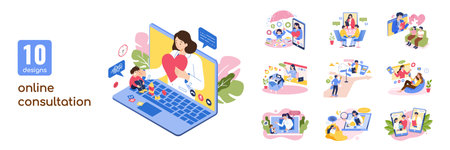 Online consultation flat illustration collection. Including family, one-on-one, relationship, children, teenagers, health and stress consultation isolated on white backgroundのイラスト素材