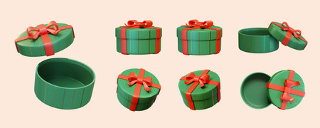 3D present element set isolated on light beige background. Green round gift boxes wrapped with red ribbon, open and closed in different angles.のイラスト素材