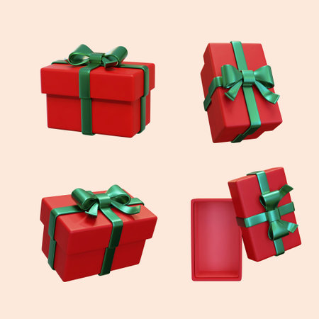 3D present element set isolated on light pink background. Red gift boxes wrapped with green ribbon, open and closed in different angles.の写真素材