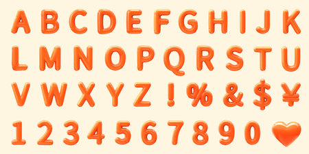 3D illustration of english letters, numbers and symbols orange playful balloon isolated on beige background. Suitable for party and holiday theme decoration.の写真素材