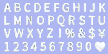 3D illustration of left leaning english letters, numbers and symbols white balloon isolated on light purple background. Suitable for party and holiday theme decoration.の写真素材