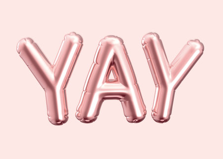 3d render rose gold balloon YAY phrase on pink backgroundの写真素材
