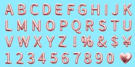 3D illustration of right leaning english letters, numbers and symbols light pink balloon isolated on sky blue background. Suitable for party and holiday theme decoration.の写真素材