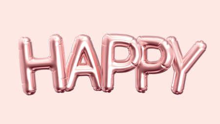 3d render rose gold balloon HAPPY phrase on pink backgroundの写真素材