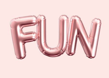 3d render rose gold balloon FUN phrase on pink backgroundの写真素材