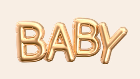 3d render golden color balloon BABY phrase on pink backgroundの写真素材