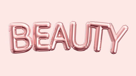 3d render rose gold balloon BEAUTY phrase on pink backgroundの写真素材