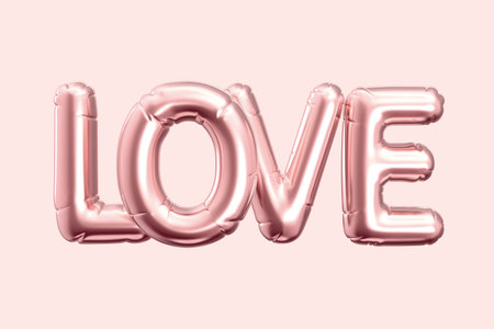 3d render rose gold balloon LOVE phrase on pink backgroundの写真素材