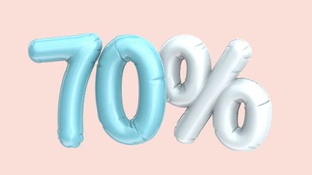 Light blue and white balloon 70%, 3D rendering phrase on pink backgroundの写真素材