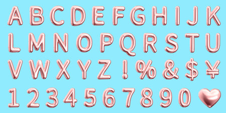3D illustration of english letters, numbers and symbols light pink balloon isolated on sky blue background. Suitable for party and holiday theme decoration.の写真素材