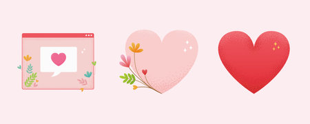Valentines day love shape and window interface elements set icons isolated on light pink background. Including cute love message from window interface and love shapesのイラスト素材
