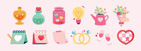 Magical Valentines day element set isolated on light pink background. Including cute love potions, calendars, diamond rings, champagne glass, light bulb, bouquets and puzzle packageのイラスト素材