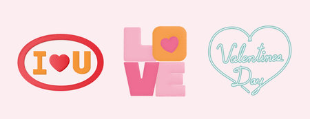 Valentines day typographic elements set. Colorful text of I heart You, love and neon style valentines day icons isolated on light pink backgroundのイラスト素材