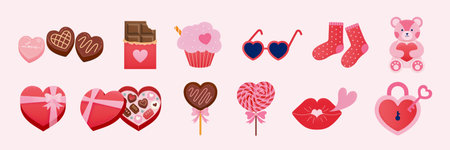 Valentines day desserts and decors set isolated on light pink background. Including sweet chocolate desserts, cupcake, heart sunglasses. socks, teddy bear and heart lockのイラスト素材