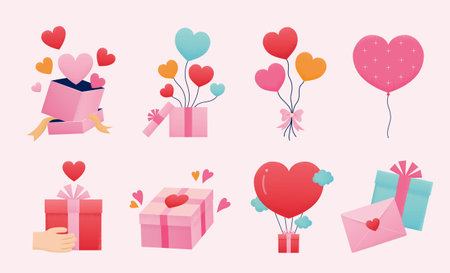 Valentines day balloons and gifts elements set isolated on light pink background. Cute love shape balloons, gift boxes and letter packageのイラスト素材