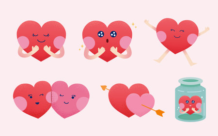 Valentines day heart shape character element set. Cute heart shape character with different face expression isolated on light pink backgroundのイラスト素材