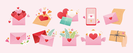 Valentines day elements set isolated on light pink background. Including all kinds of love letters such as envelopes filled with heart or plants, love email sending from phone and love packageの写真素材