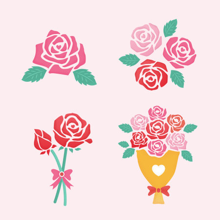 Valentines day silhouette of rose element set. Romantic silhouette of rose and bouquet isolated on light pink backgroundの写真素材