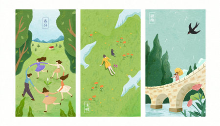 Hand drawn style of people circling hand in hand, top view of girl sitting on meadow, and girl standing on bridge in the rain. Translation: Spring Equinox. Pure Brightness. Grain Rain.のイラスト素材