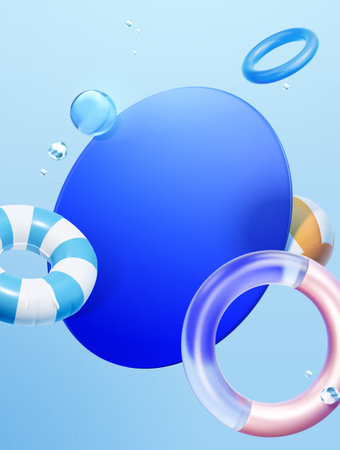 Summer theme geometric background design. Composition of floating blue glass disk, half translucent rings, bubbles, swimming ring, and beach ball on light blue background.のイラスト素材