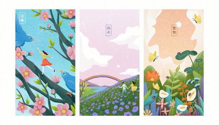 Hand drawn style of girl dancing around birds and sakura, couple holding hands in meadow, insects and botanical environment. Translation: Beginning of Summer, Rain Water, Awakening of Insects.の写真素材