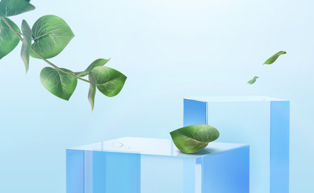 Minimal style background with blue transparent block podium and tropical leaves. Suitable for natural refreshing product display.のイラスト素材