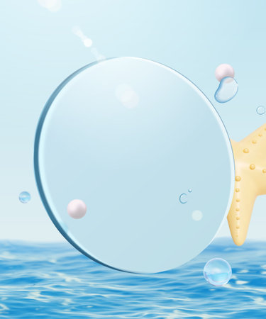 Ocean theme glass disk background design. Composition of round glass, pearls, dewdrop, and starfish floating above ocean surface.のイラスト素材