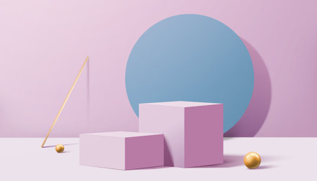 3D minimal lavender purple scene design. Composition of block podiums with gold sphere around and blue round decoration against wall. Suitable for summer cosmetic product display.のイラスト素材