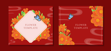 Oriental red camellia with copy space template design set. Suitable for festive card design and social media post.のイラスト素材