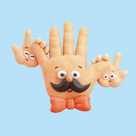 3D cute plasticine cartoon character with faces isolated on light blue background. Daddy hand with mustache and wearing red bow tie holding baby handsの写真素材