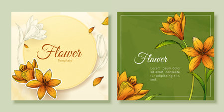 Engraved style orange lily flower with copy space square template design set. Suitable for festive card design and social media post.のイラスト素材