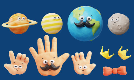 3D cute plasticine cartoon character isolated on deep blue background. Including planets and hands with face expression, golden crown, and red bow.の写真素材