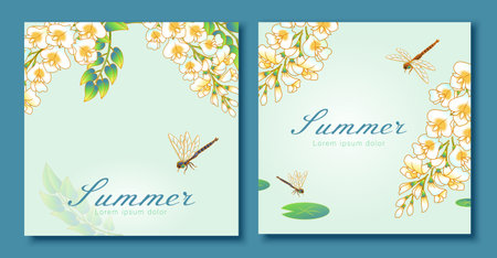 Hand drawn style summer theme locust flower with copy space template design set. Suitable for festive card design and social media post.のイラスト素材