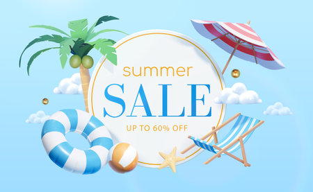 Summer sale promotion round board surrounded by beach objects and clouds floating on blue background.のイラスト素材