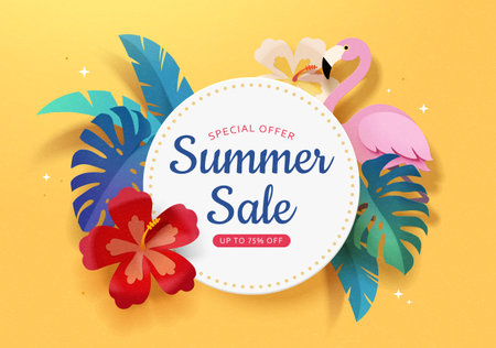 Paper art style summer sale promotion round board surrounded by tropical plants and pink flamingo on yellow background.のイラスト素材
