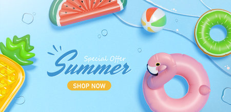 Summer sale promotion online shopping ad template. Top view of ball, flamingo swimming ring and tropical fruit lilos floating on water.のイラスト素材