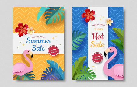 Paper art style summer sale promotion poster set with tropical plants and pink flamingo.のイラスト素材